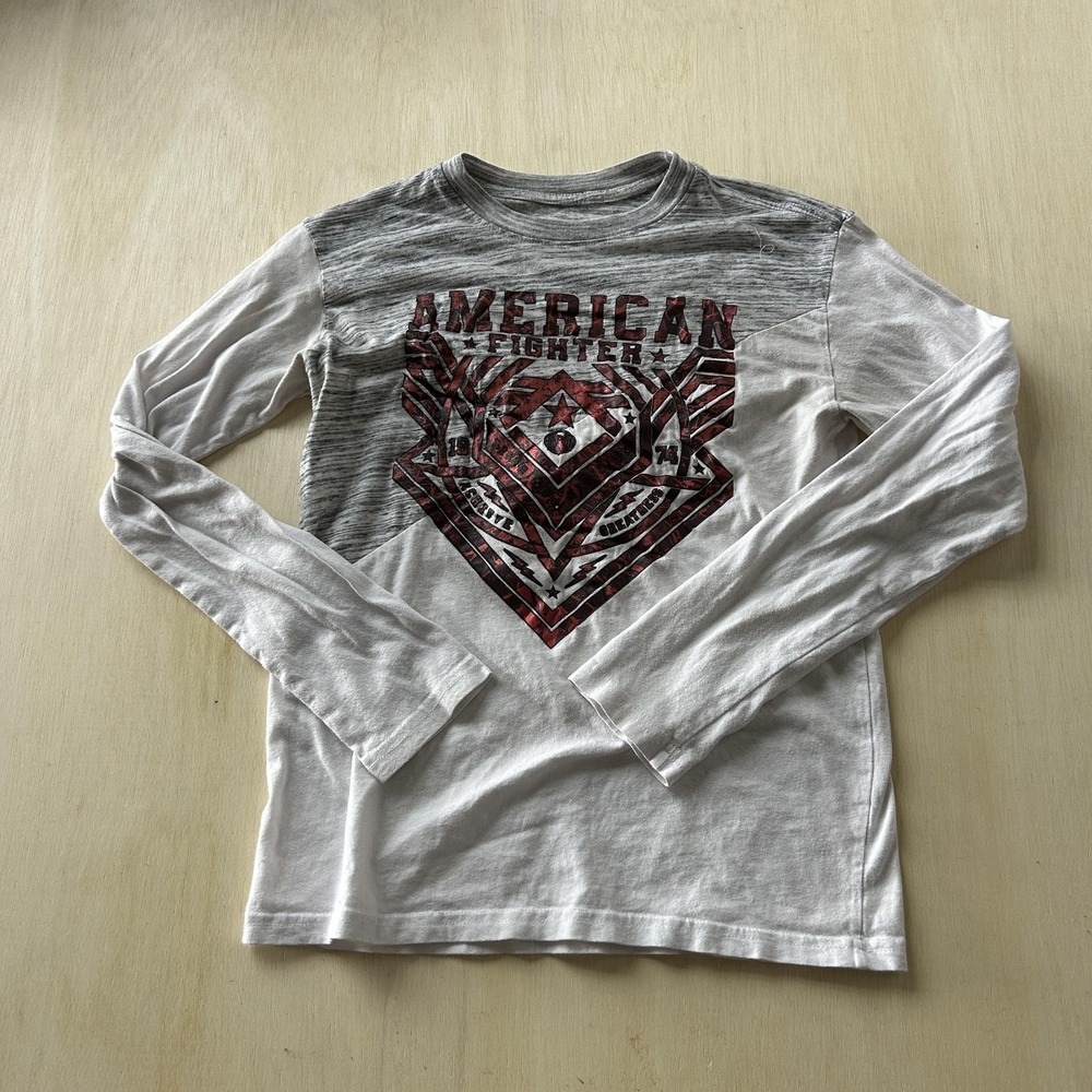 Y2K American Fighter Shirt Youth Medium Gray White Long Sleeve Tee T-Shirt